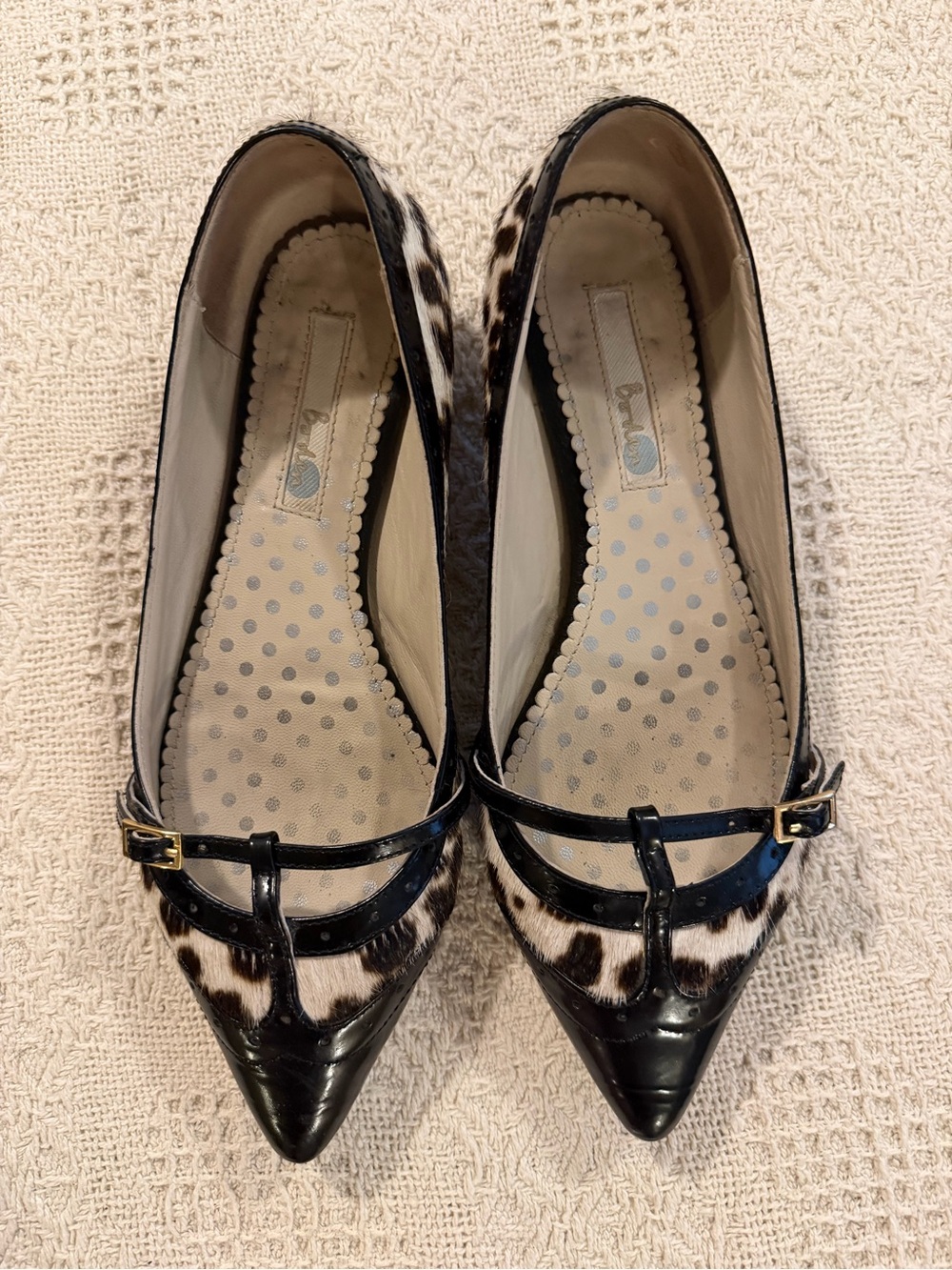Boden Pointed Toe Women’s Flats in Black and White Cowhide